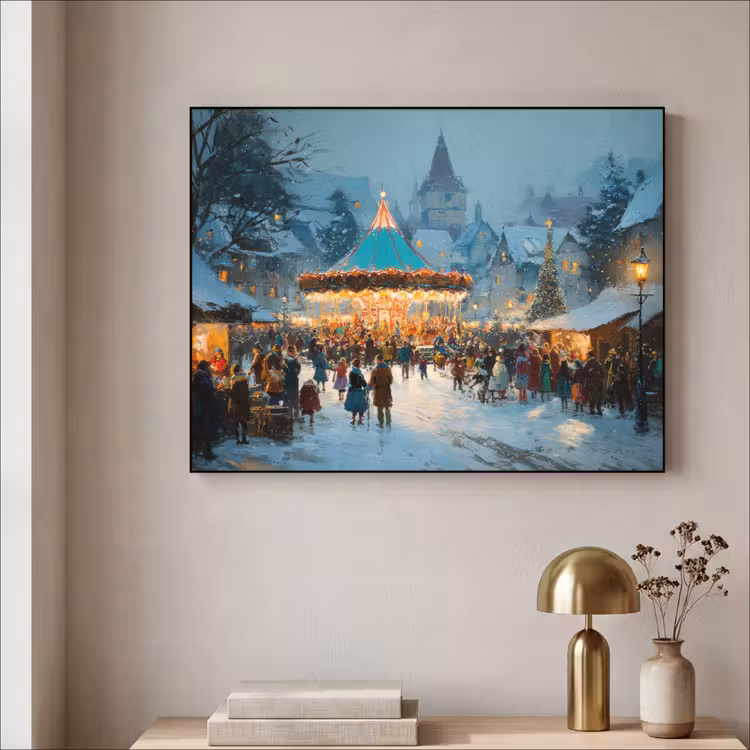 Winterkermis - Dorp - Kleurrijk Textielframe - compleet frame klein -sfeer2