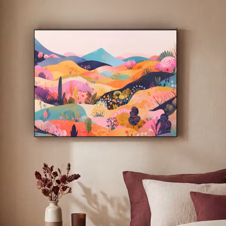 Golvende heuvels - Abstracte planten - Dromerig Textielframe - compleet frame klein -sfeer1