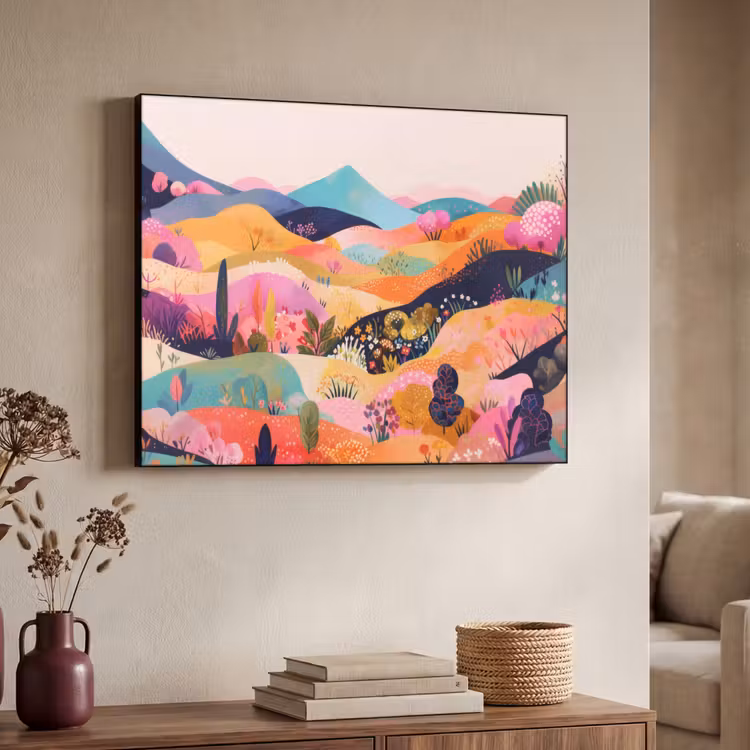 Golvende heuvels - Abstracte planten - Dromerig Textielframe - compleet frame klein -sfeer3