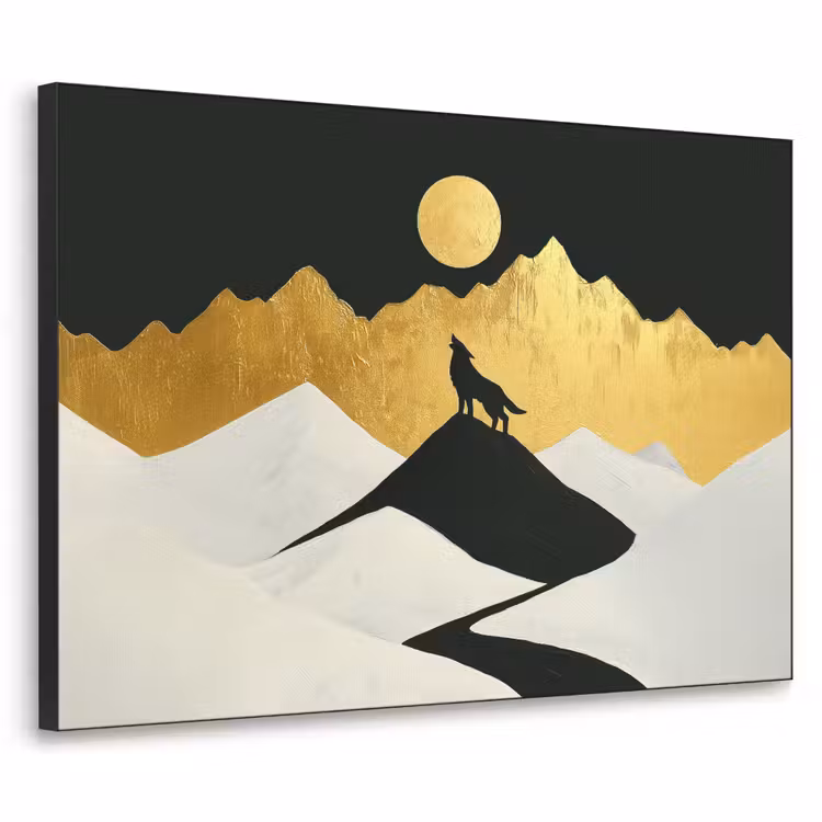 Wolf - Bergen - Maan - Zwart Textielframe zwart klein -3d
