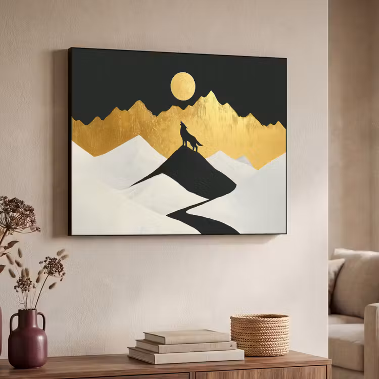 Wolf - Bergen - Maan - Zwart Textielframe - compleet frame klein -sfeer3
