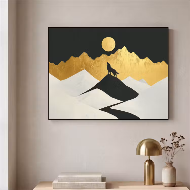 Wolf - Bergen - Maan - Zwart Textielframe zwart klein -sfeer2