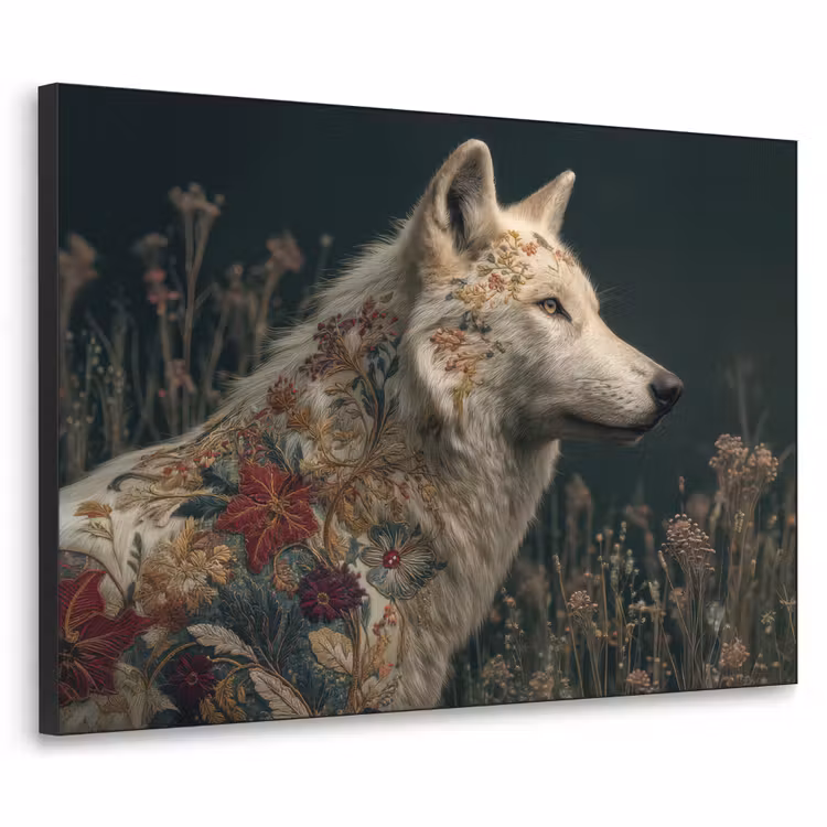 Wolf - Bloemen - Natuur Textielframe - compleet frame klein -3d