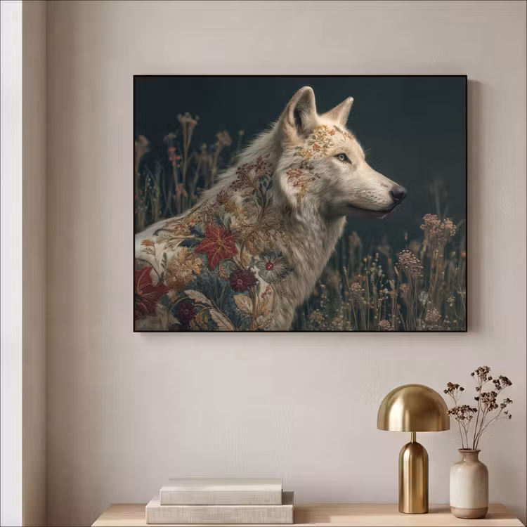 Wolf - Bloemen - Natuur Textielframe zwart klein -sfeer2
