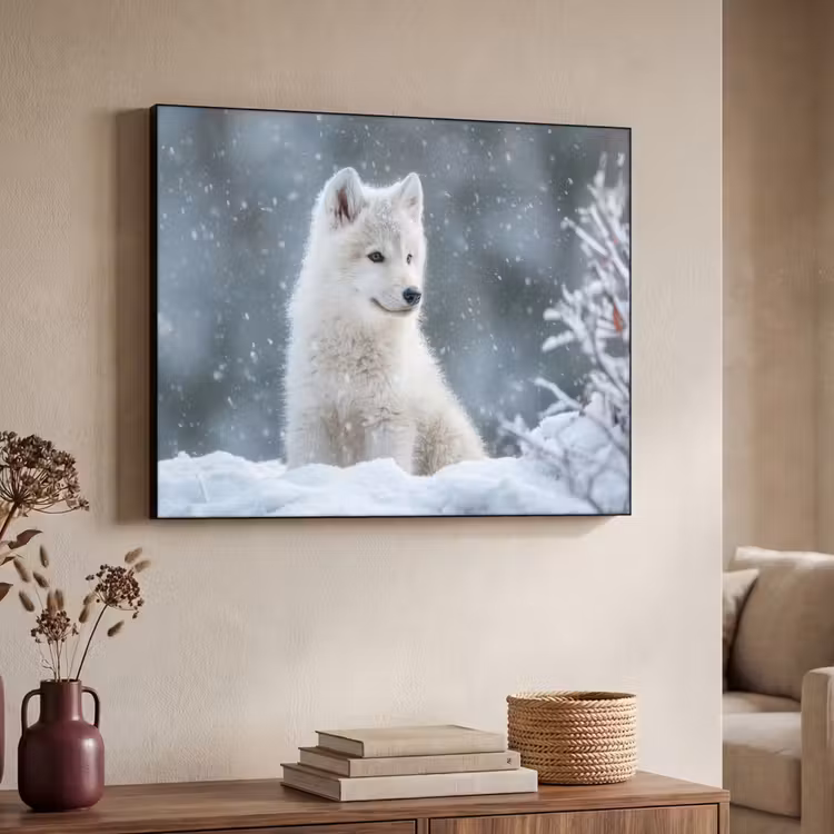 Wolf - Pup - Sneeuw Textielframe zwart klein -sfeer3
