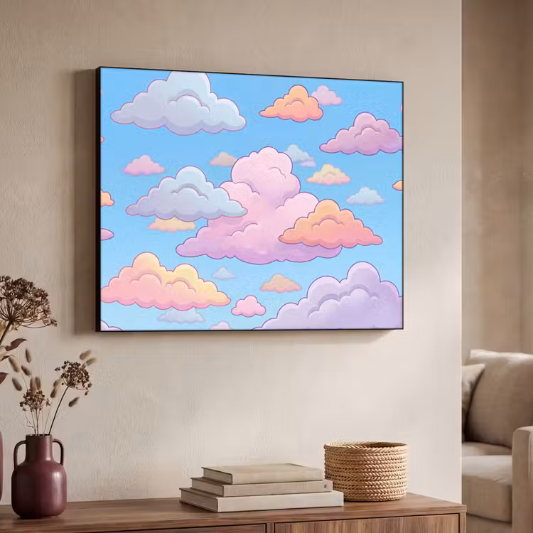 Wolk - Lucht - Natuur - Illustratie - Pastel Textielframe zwart klein -sfeer3