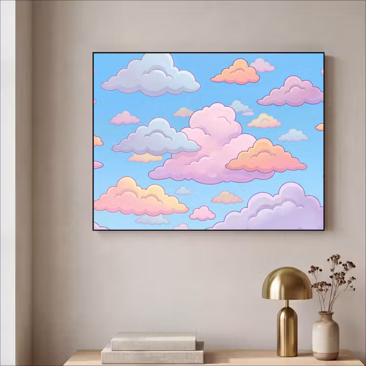 Wolk - Lucht - Natuur - Illustratie - Pastel Textielframe zwart klein -sfeer2
