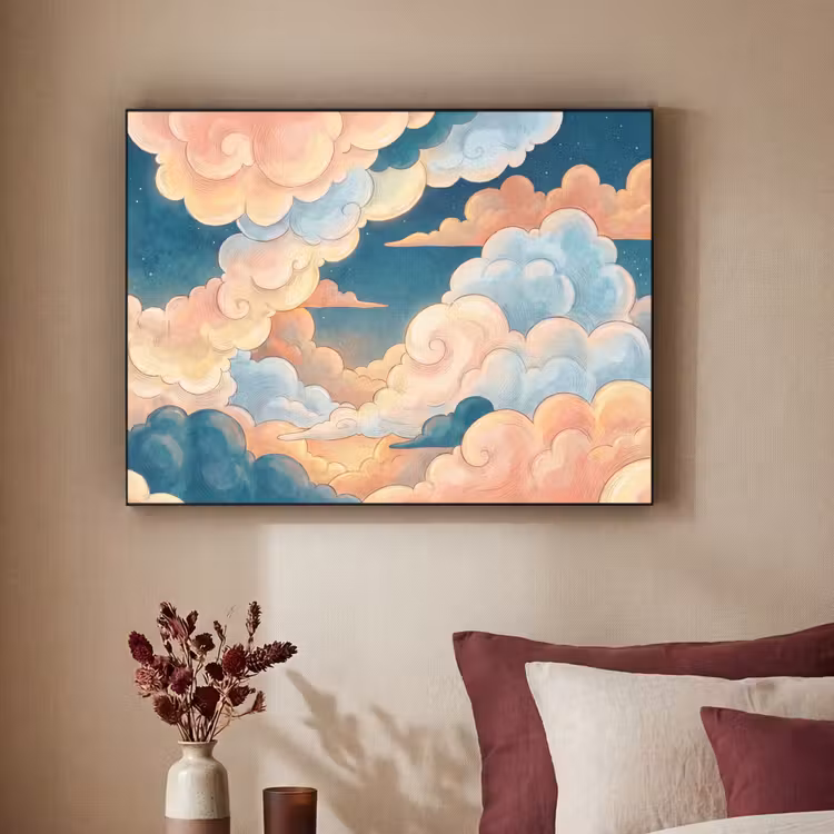Wolk - Lucht - Natuur - Illustratief - Oranje Textielframe zwart klein -sfeer1