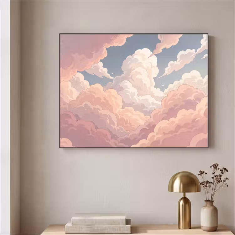 Wolken - Lucht - Natuur - Pastel - Roze Textielframe zwart klein -sfeer2