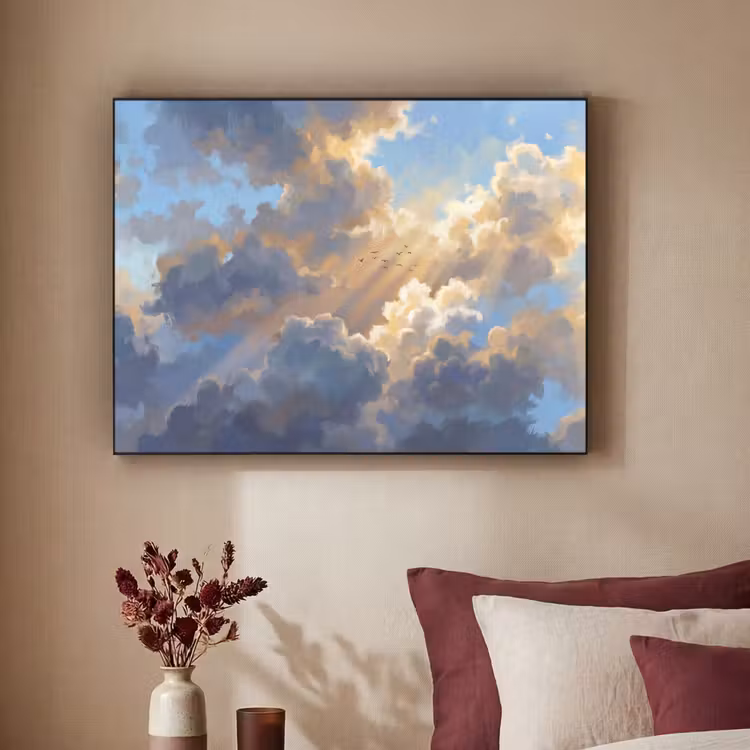 Wolken - Zonnestralen - Natuur - Abstract - Blauw Textielframe zwart klein -sfeer1