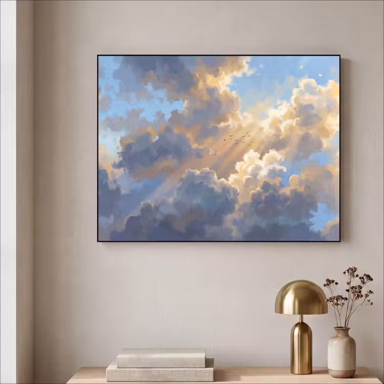 Wolken - Zonnestralen - Natuur - Abstract - Blauw Textielframe zwart klein -sfeer2