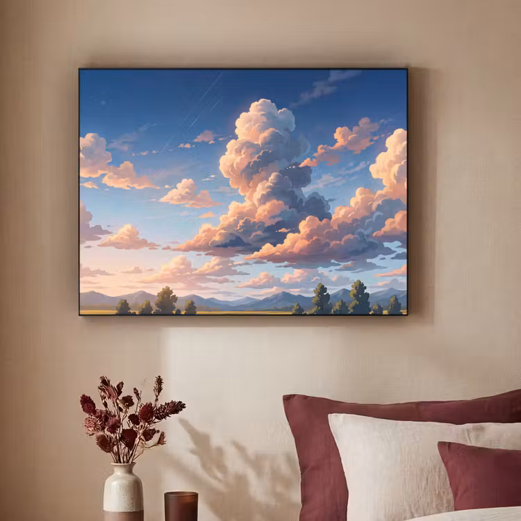 Wolken - Daghemel - Natuur - Illustratie - Oranje Textielframe zwart klein -sfeer1