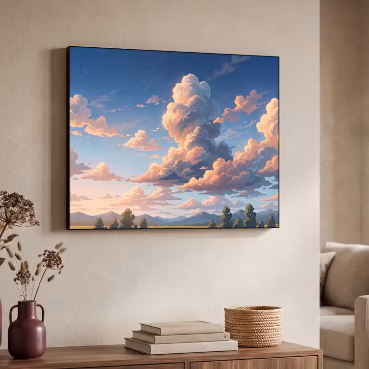 Wolken - Daghemel - Natuur - Illustratie - Oranje Textielframe zwart klein -sfeer3