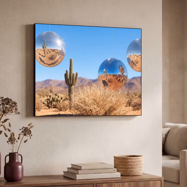 Art Frame - Wüste – Spiegelkugel – Kunst - Woestijn - Spiegelbal - Kunst Textielframe zwart klein