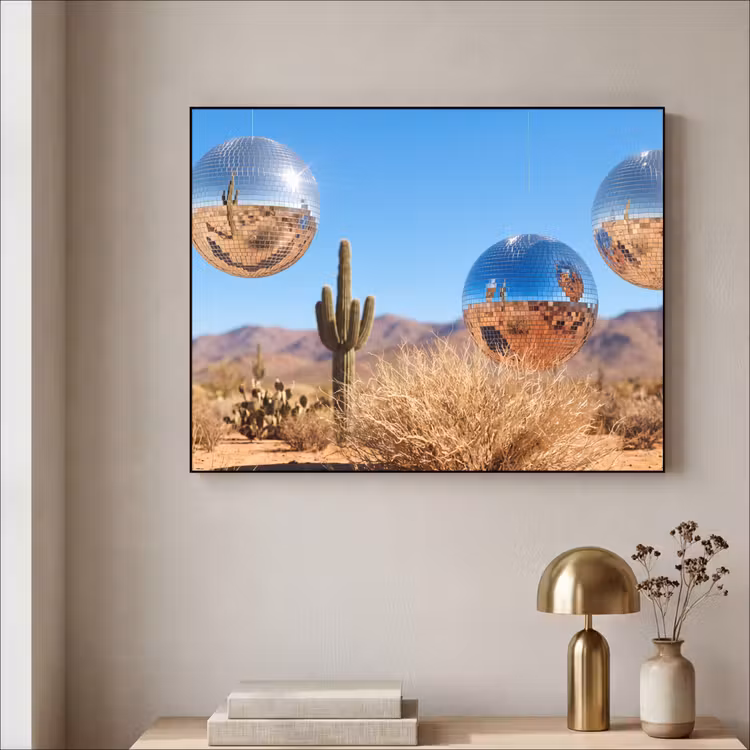 Art Frame - Wüste – Spiegelkugel – Kunst - Woestijn - Spiegelbal - Kunst Textielframe zwart klein