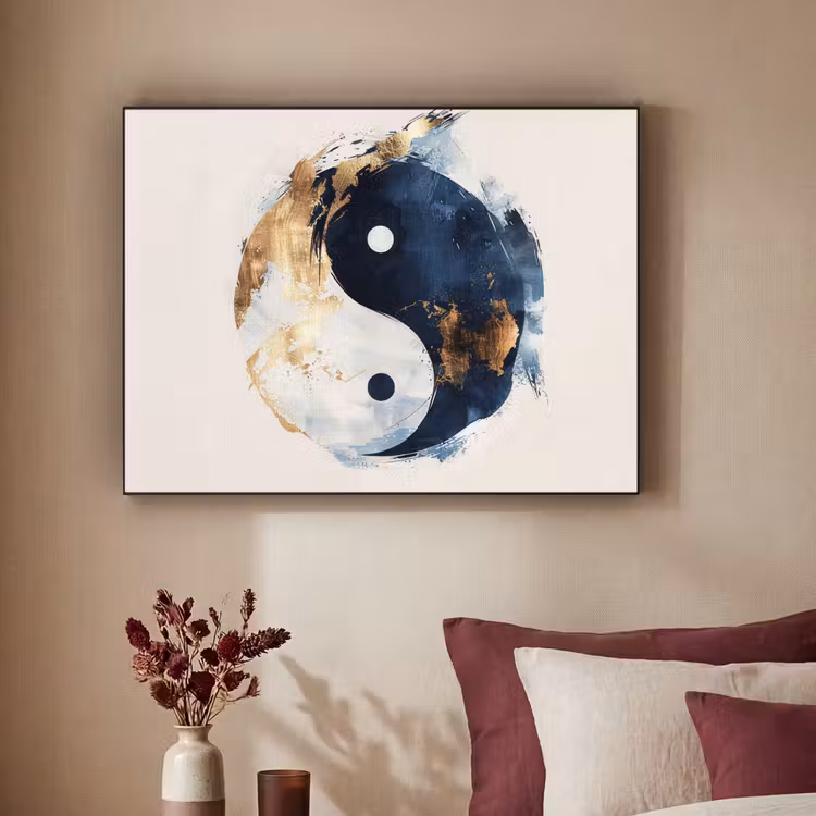 Yin Yang - Abstract - Zwart - Wit - Goud Textielframe - compleet frame klein -sfeer1