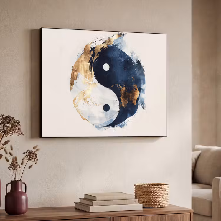 Yin Yang - Abstract - Zwart - Wit - Goud Textielframe - compleet frame klein -sfeer3