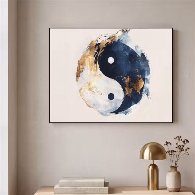 Yin Yang - Abstract - Zwart - Wit - Goud Textielframe - compleet frame klein -sfeer2