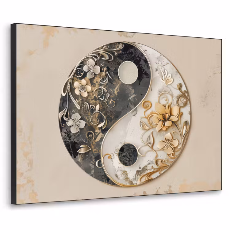 Yin Yang - Bloemen - Zwart - Wit - Vintage Textielframe zwart klein -3d