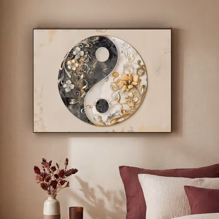 Yin Yang - Bloemen - Zwart - Wit - Vintage Textielframe zwart klein -sfeer1