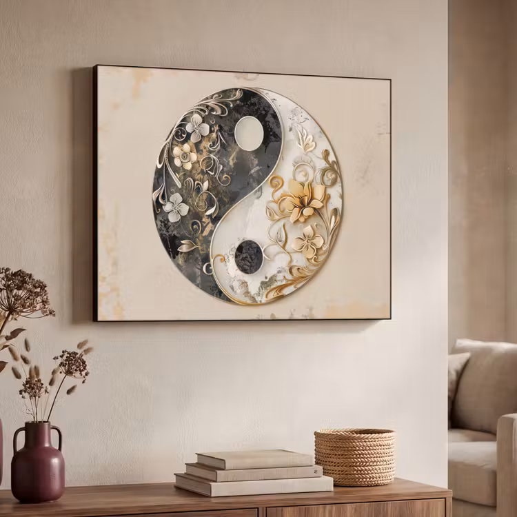 Yin Yang - Bloemen - Zwart - Wit - Vintage Textielframe - compleet frame klein -sfeer3