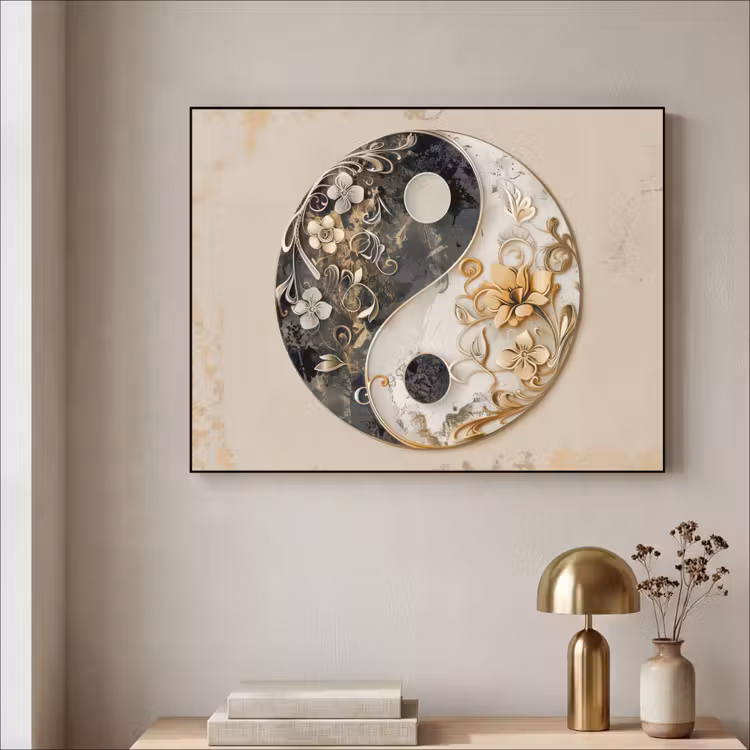 Yin Yang - Bloemen - Zwart - Wit - Vintage Textielframe - compleet frame klein -sfeer2