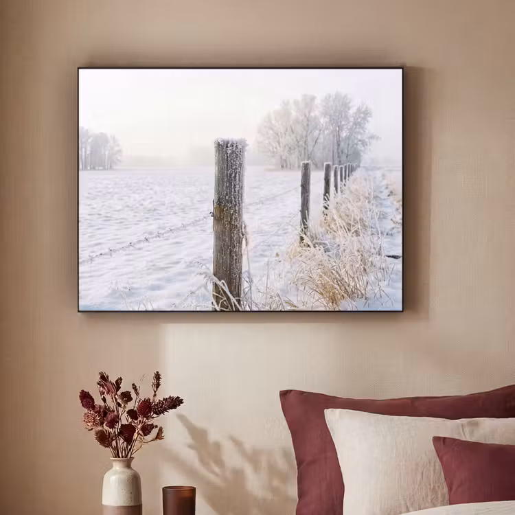 Hek - Sneeuw - Mist - Platteland - Nostalgisch Textielframe zwart klein -sfeer1