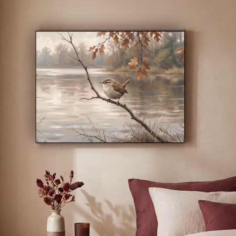 Winterkoninkje - Tak - Rivier - Natuur - Sfeervol Textielframe zwart klein -sfeer1
