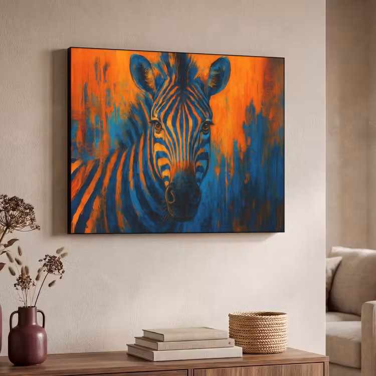 Zebra - Abstract - Blauw Textielframe zwart klein -sfeer3