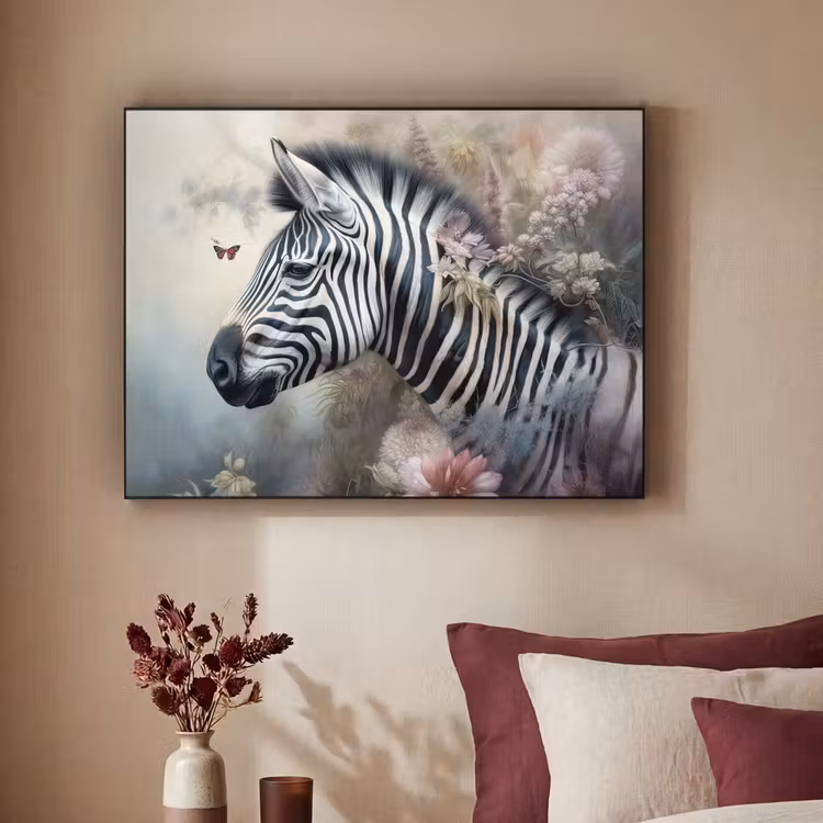 Zebra - Wilde dieren - Vlinder - Bloemen Textielframe zwart klein -sfeer1
