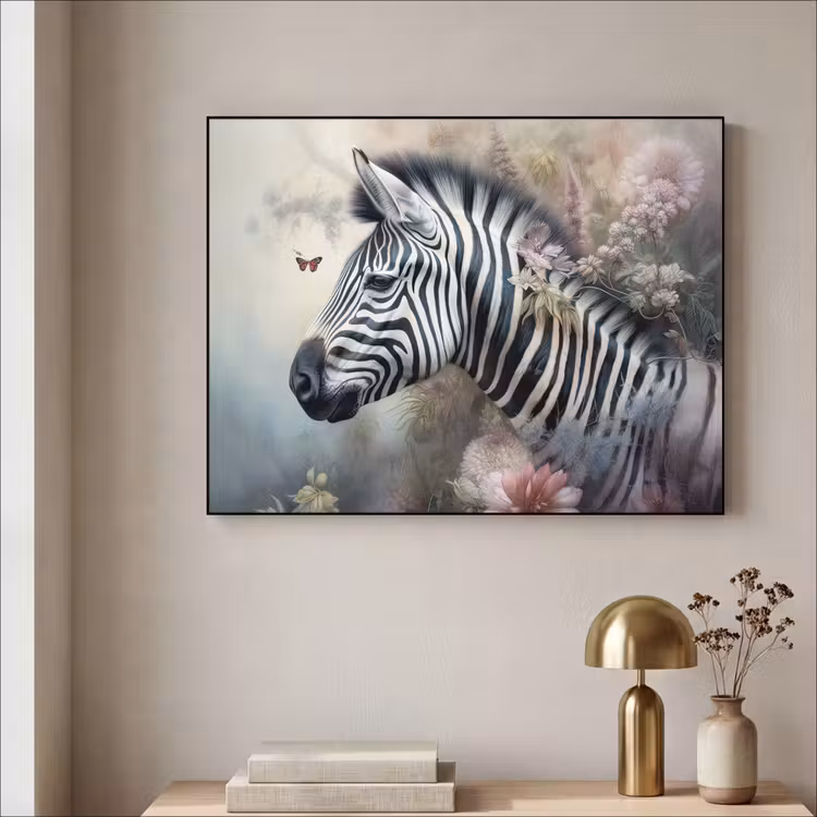 Zebra - Wilde dieren - Vlinder - Bloemen Textielframe zwart klein -sfeer2
