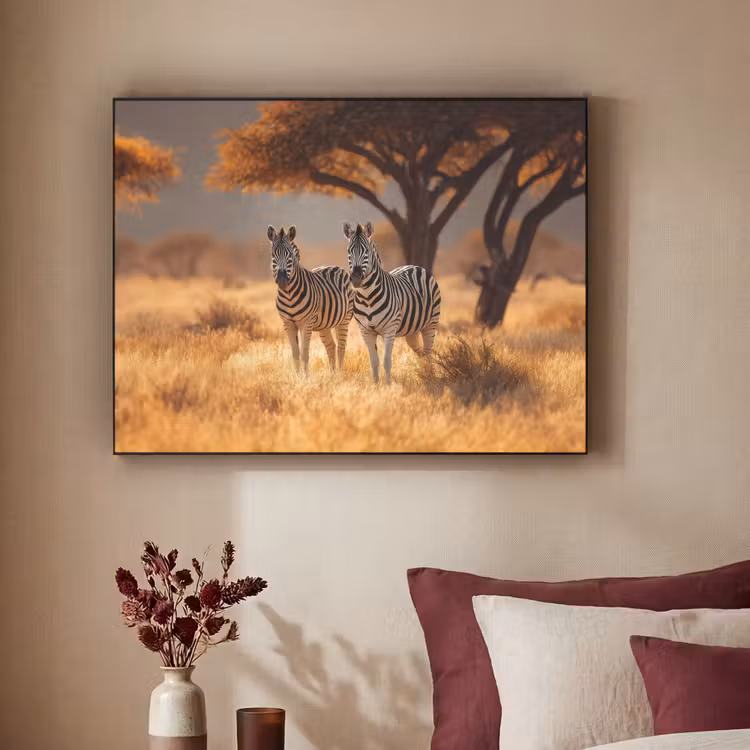 Zebra's - Savannelandschap - Gras Textielframe - compleet frame klein -sfeer1