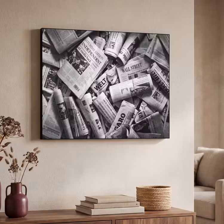 Krant - Stapel - Nieuws - Zwart-wit Textielframe zwart klein -sfeer3