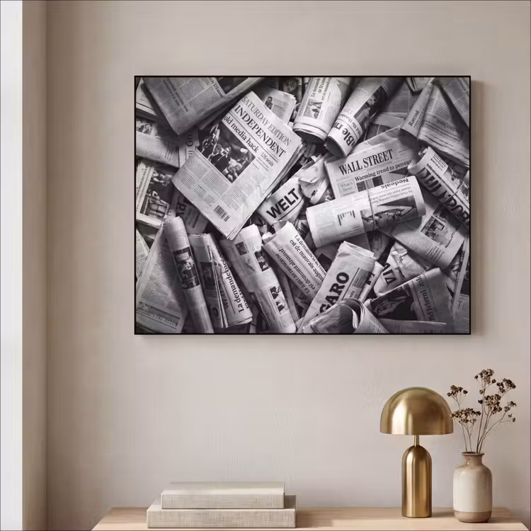 Krant - Stapel - Nieuws - Zwart-wit Textielframe zwart klein -sfeer2