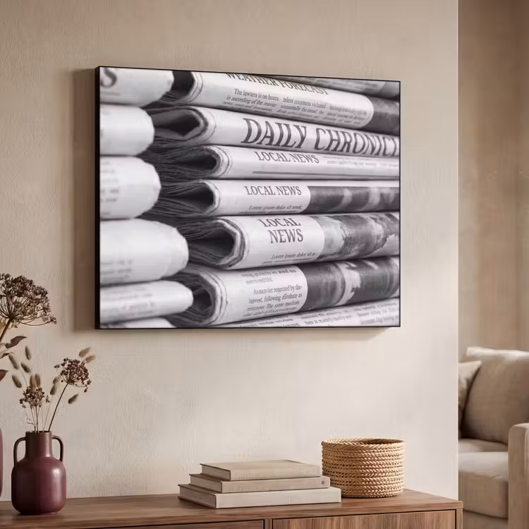 Krant - Stapel - Nieuws - Zwart-wit - Media Textielframe zwart klein -sfeer3