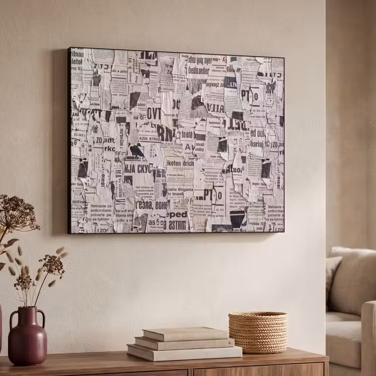 Krant - Gescheurd - Textuur - Abstract - Zwart-wit Textielframe zwart klein -sfeer3