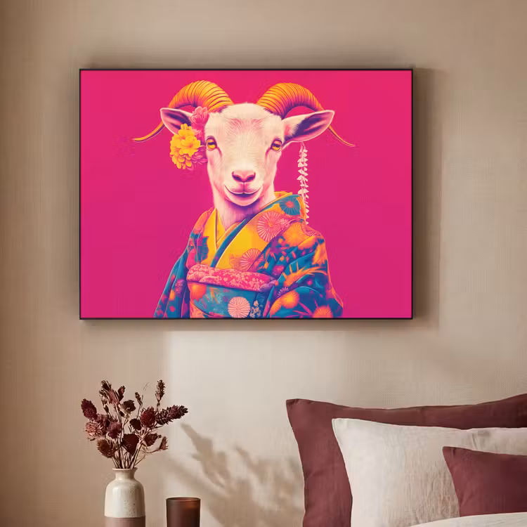 Geit - Hoorns - Kimono - Kleurrijk Textielframe - compleet frame klein -sfeer1
