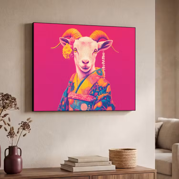 Geit - Hoorns - Kimono - Kleurrijk Textielframe zwart klein -sfeer3