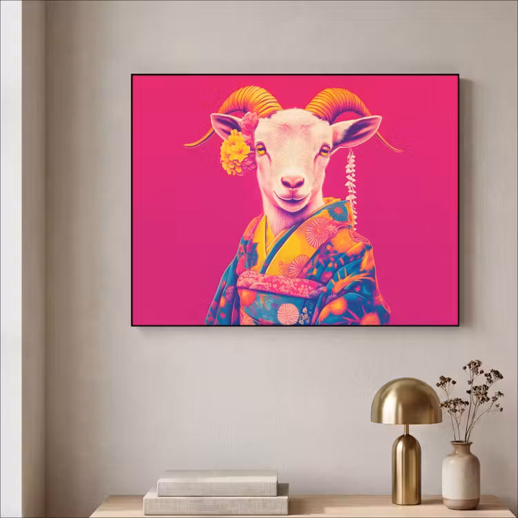 Geit - Hoorns - Kimono - Kleurrijk Textielframe zwart klein -sfeer2