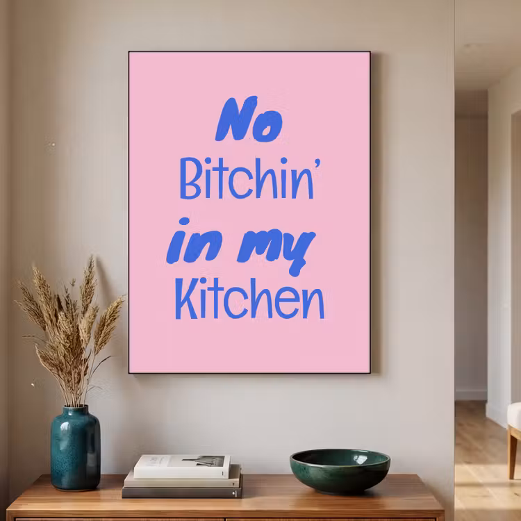 Quote - Blauw - Lettertype - Keuken Textielframe zwart klein -sfeer1