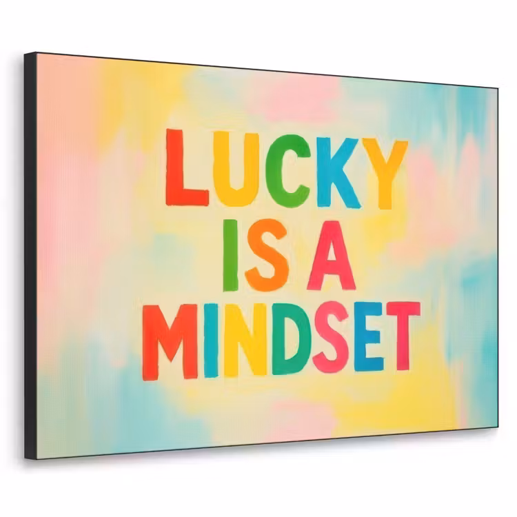 Quote - Lucky - Regenboogkleuren Textielframe zwart klein -3d