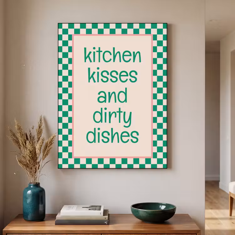 Quote - Groen - Geblokt - Keuken Textielframe zwart klein -sfeer1