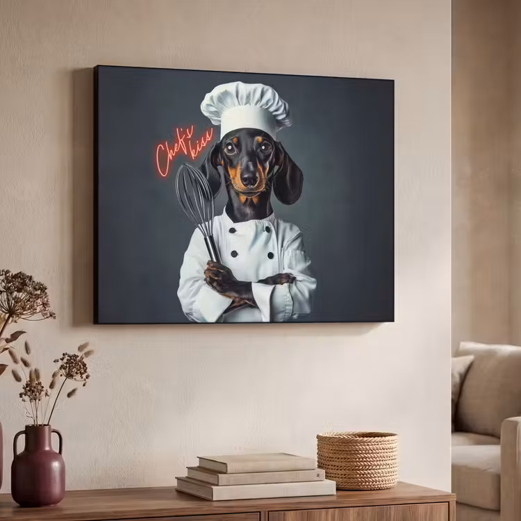 Quote - Neon - Hond - Kokskleding Textielframe zwart klein -sfeer3