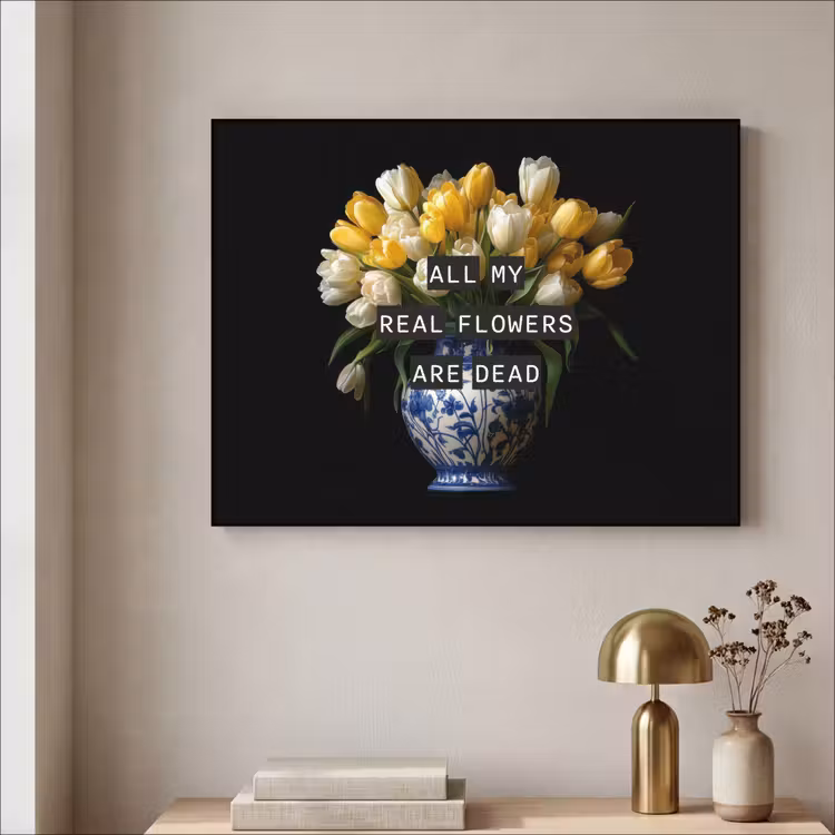 Quotes - Bloem - Tulp - Geel Textielframe zwart klein -sfeer2