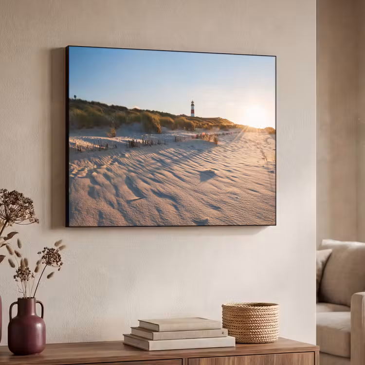 Zon - Duinen - Strand - Vuurtoren Textielframe zwart klein -sfeer3