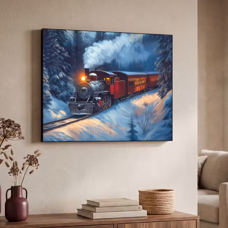 Trein - Kerst - Sneeuw - Kersttrein Textielframe - compleet frame klein -sfeer3