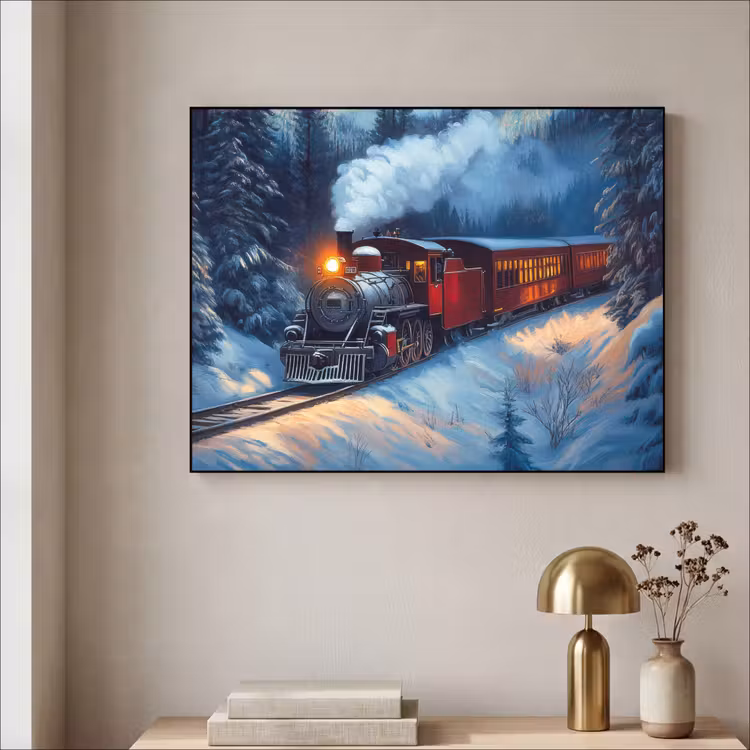 Trein - Kerst - Sneeuw - Kersttrein Textielframe zwart klein -sfeer2