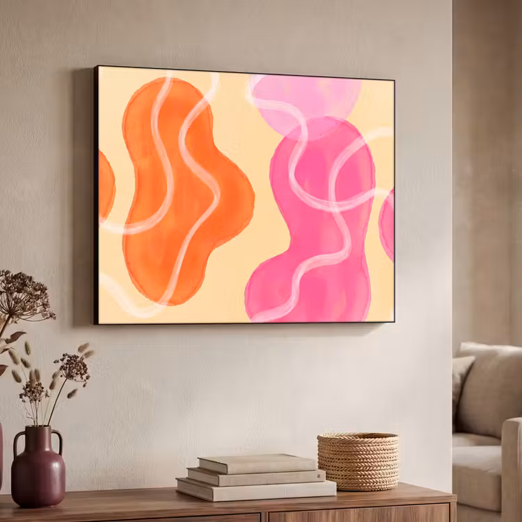 Abstract - Aquarel - Organisch - Oranje - Roze Textielframe zwart klein -sfeer3