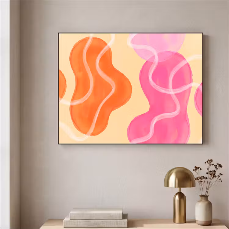 Abstract - Aquarel - Organisch - Oranje - Roze Textielframe zwart klein -sfeer2