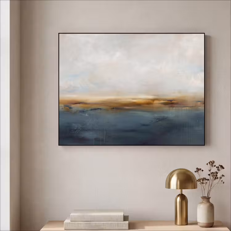 Abstract - Horizon - Water - Modern - Beige Textielframe zwart klein -sfeer2